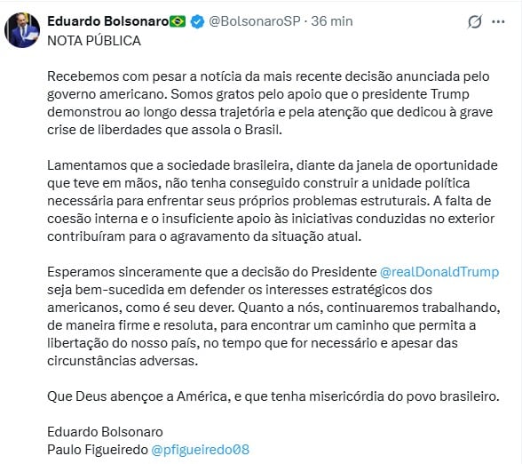 Nota pública publicada por Eduardo Bolsonaro no X.