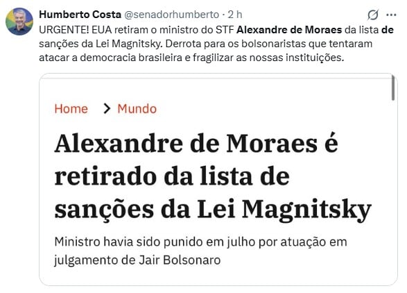 Post de Humberto Costa no X.