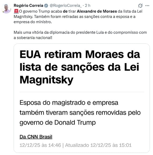 Post de Rogério Correia no X.