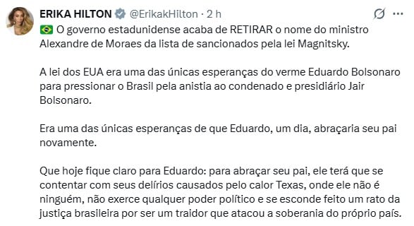 Post de Erika Hilton no X.