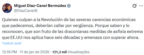 Díaz-Canel afirmou que as dificuldades econômicas enfrentadas por Cuba não são resultado da revolução.