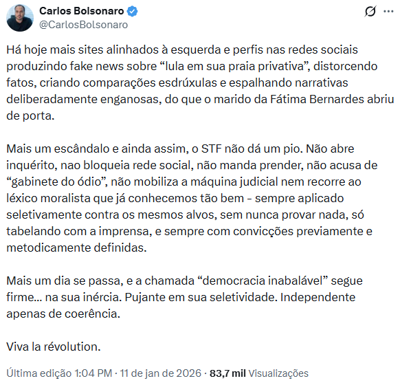 Carlos também criticou o STF, afirmando que a Corte não teria reagido à circulação do conteúdo.