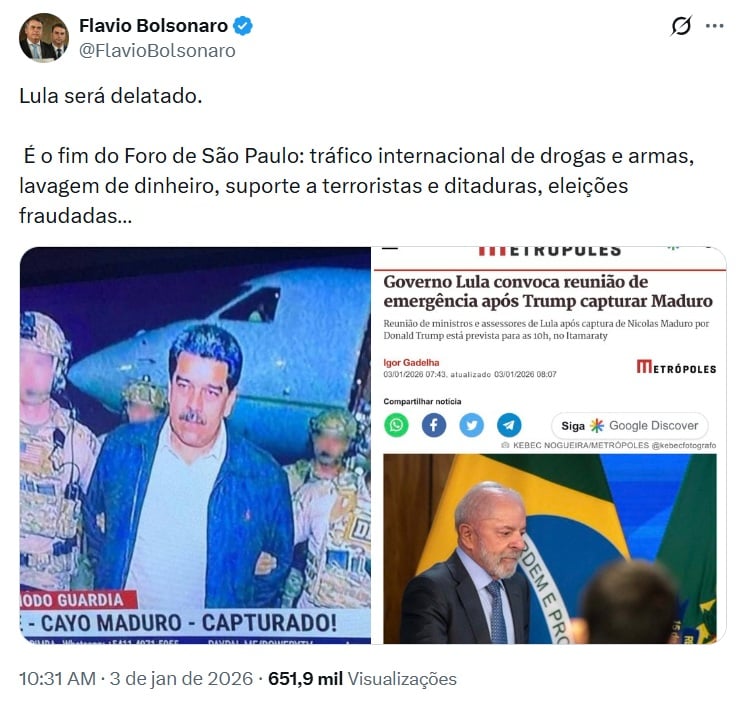 Justiça envia à PF pedido para apurar post de Flávio Bolsonaro.