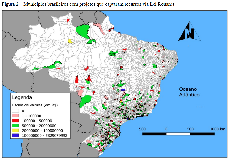 Distribuição geográfica de projetos culturais com captação de recursos via Lei Rouanet, 2024.