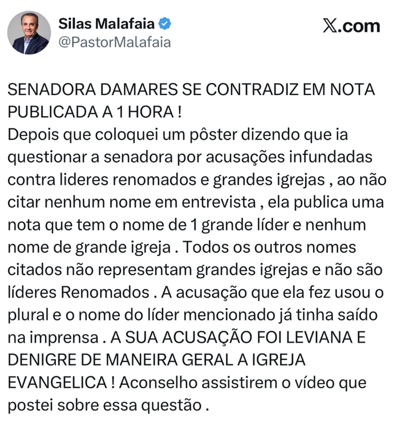 Malafaia diz que Damares se contradisse em nota divulgada.