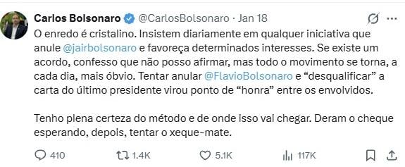 Mensagem publicada por Carlos Bolsonaro no último domingo.