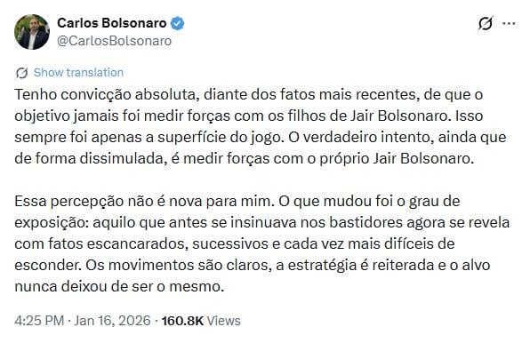 Mensagem publicada por Carlos Bolsonaro na última sexta-feira.