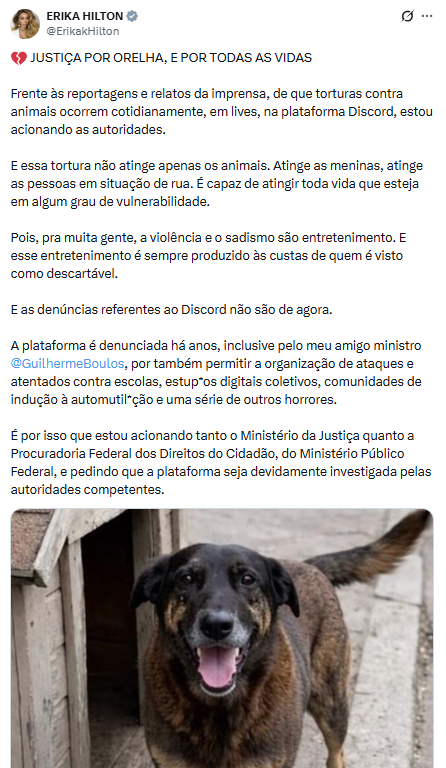 Mensagem publicada por Erika Hilton no X no fim de semana.